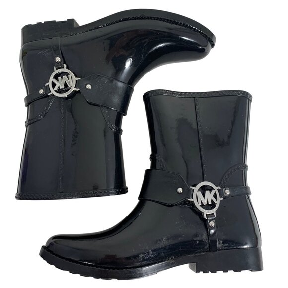 Michael Kors Fulton Harness Rain Booties Black Ankle Boots Womens SZ 7 Silver MK - Picture 4 of 8